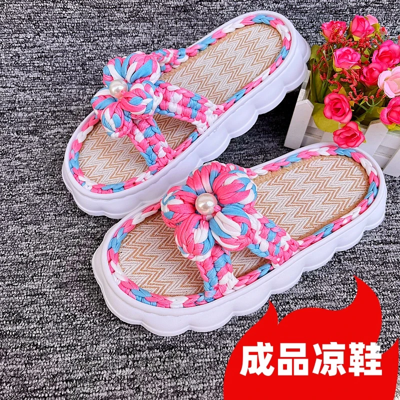 【成品】夏季新款手工编织泡芙花凉拖鞋柔软吸汗云朵底勾的亚麻拖鞋
