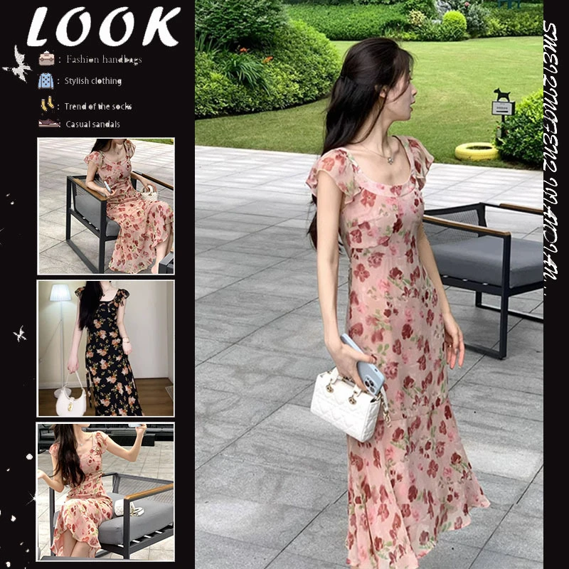 长裙吸汗夏季显瘦吊带裙高腰裙子印花连衣裙褶皱碎花