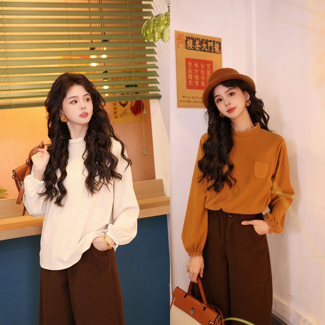 陈佳洁【焦糖布蕾】港风复古拼接蕾丝百搭秋冬休闲打底衫JA1999441
