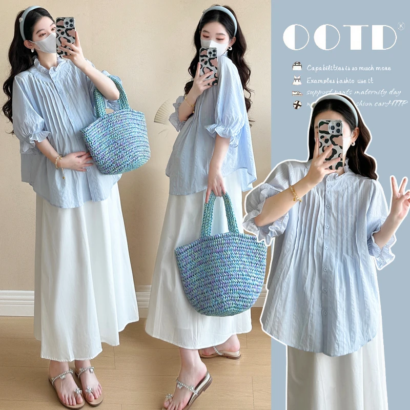 孕妇装夏季夏天新款韩版小清新泡泡袖衬衫女宽松显瘦气质孕妇上衣