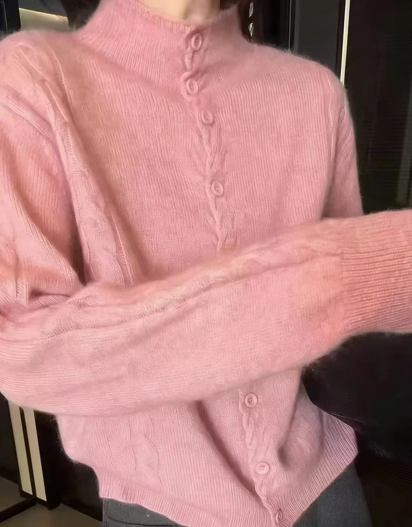 立领多扣麻花开衫 新款宽松外穿女士气质上衣