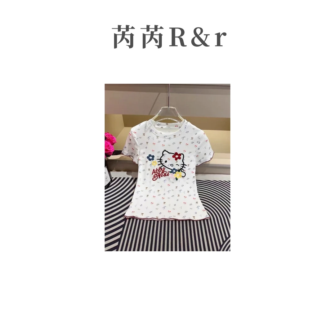 芮芮Rr-“凯蒂花”可爱浪漫印花萌趣甜美少女减龄白色t恤短袖上衣