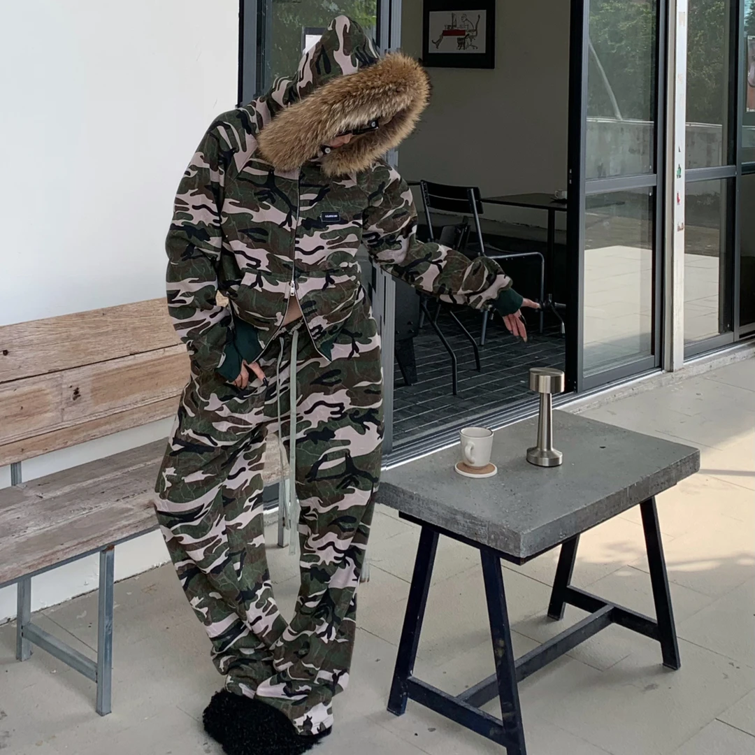 加绒加厚秋冬貉子毛领连帽短卫衣松紧腰卫裤两件套