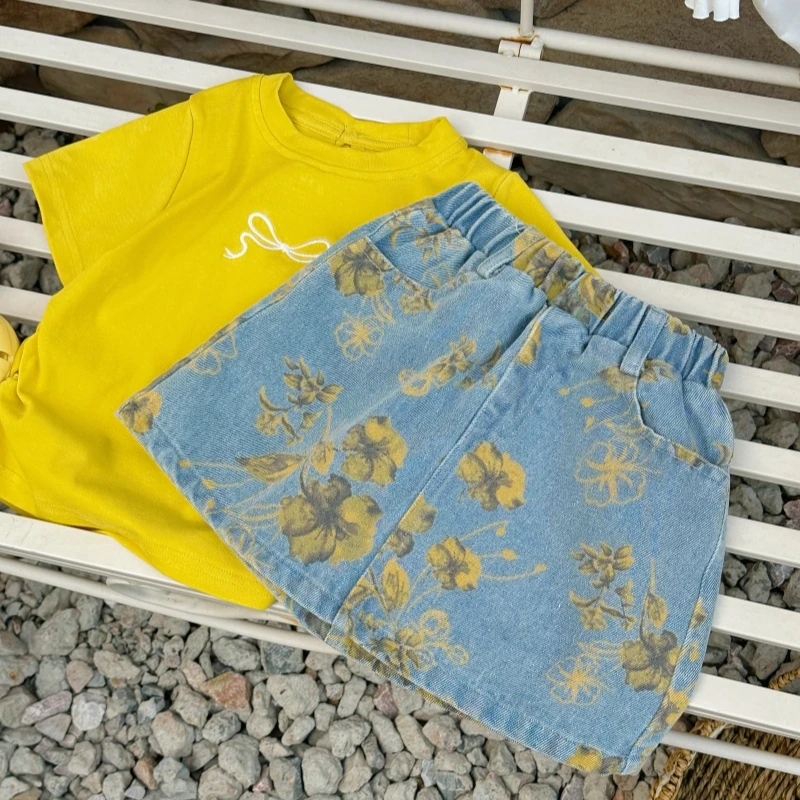 【橘子家】女童夏季套装洋气短袖露背T恤印花牛仔短裙HS62366