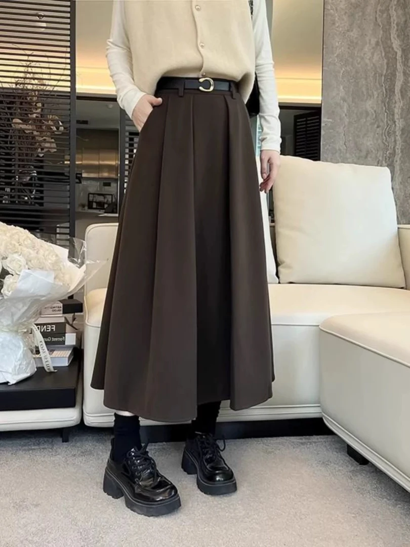 羊绒蚕丝韩版半身裙女款2025新款高腰显瘦小个子中长款百褶裙