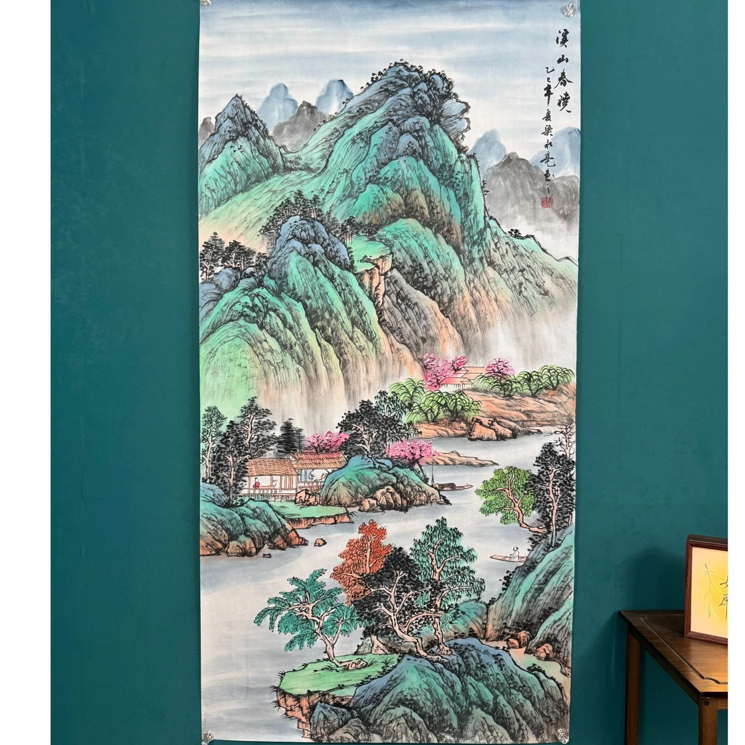 纯手绘-溪山春晓（137*70)单画心竖幅山水画玄关画四尺国画