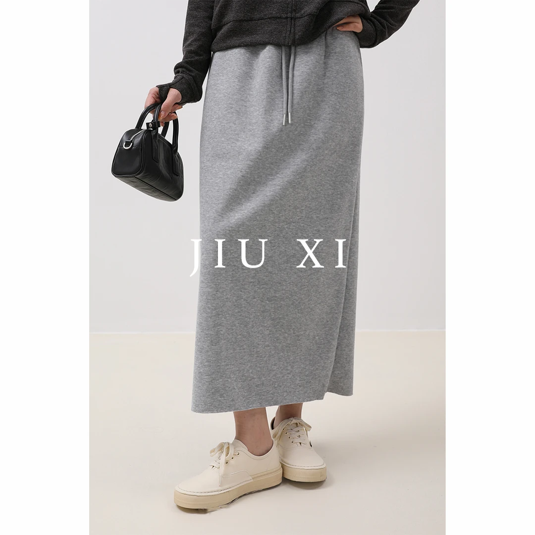 JIU XI【里约日落】后开叉松紧腰半身裙女 纯色直筒半身裙秋冬百搭