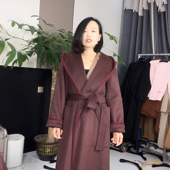 双面呢大衣帽子款S码长款