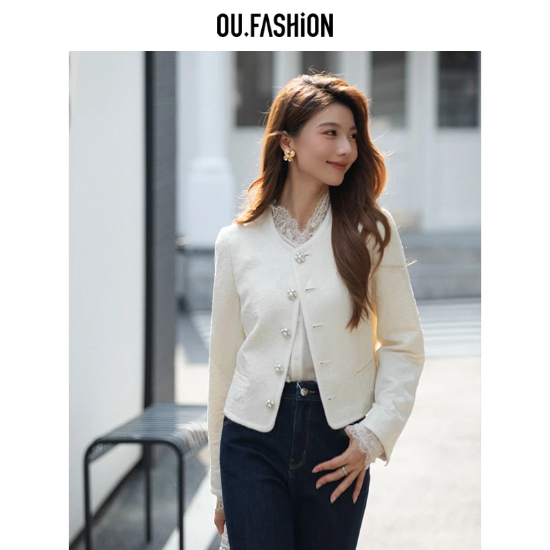 OU.FASHION/欧点法式小香风蕾丝刺绣休闲气质外套1072440073