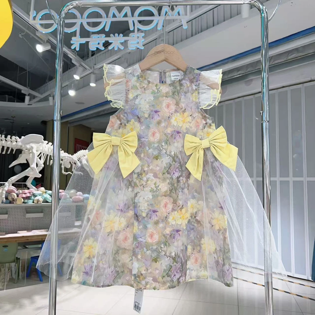 MOMOCO夏季女童儿童新款蝴蝶结蕾丝甜美飞袖连衣裙77630470029