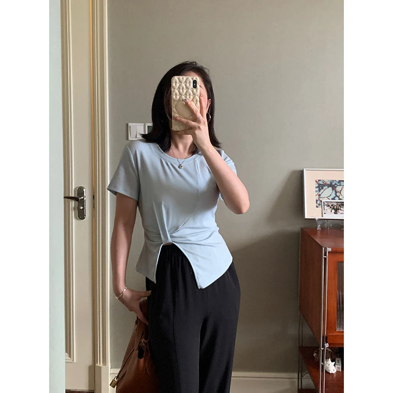 花总吖【折腰T】显白浅蓝色天丝设计感下摆开叉T恤R425Y11130