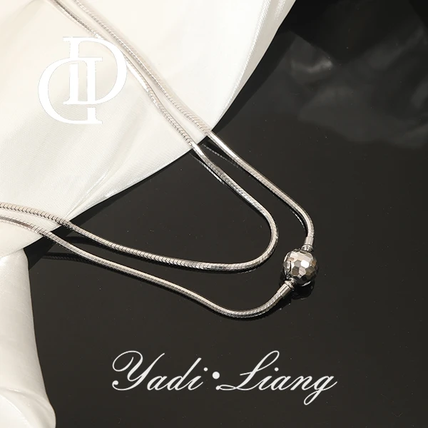 坠链均925银 梁雅帝新品【机关球球】超长蛇骨碎冰冰球时尚纯银项链