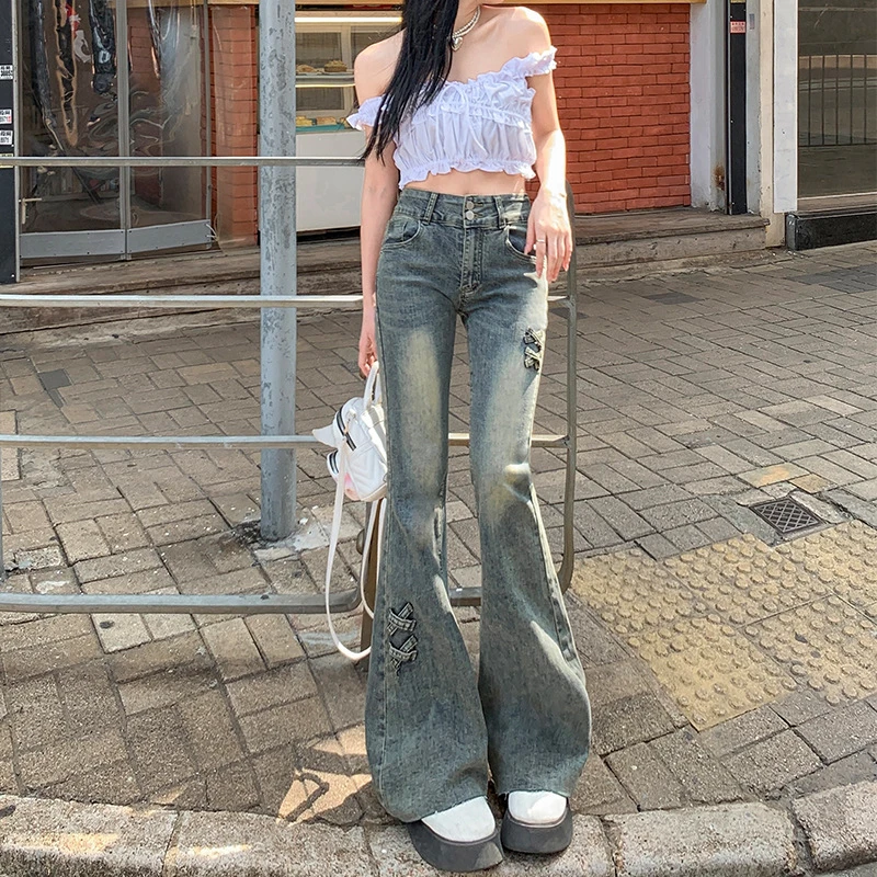 复古结微喇牛仔裤女2025年春季新款高腰显瘦弹力马蹄裤子