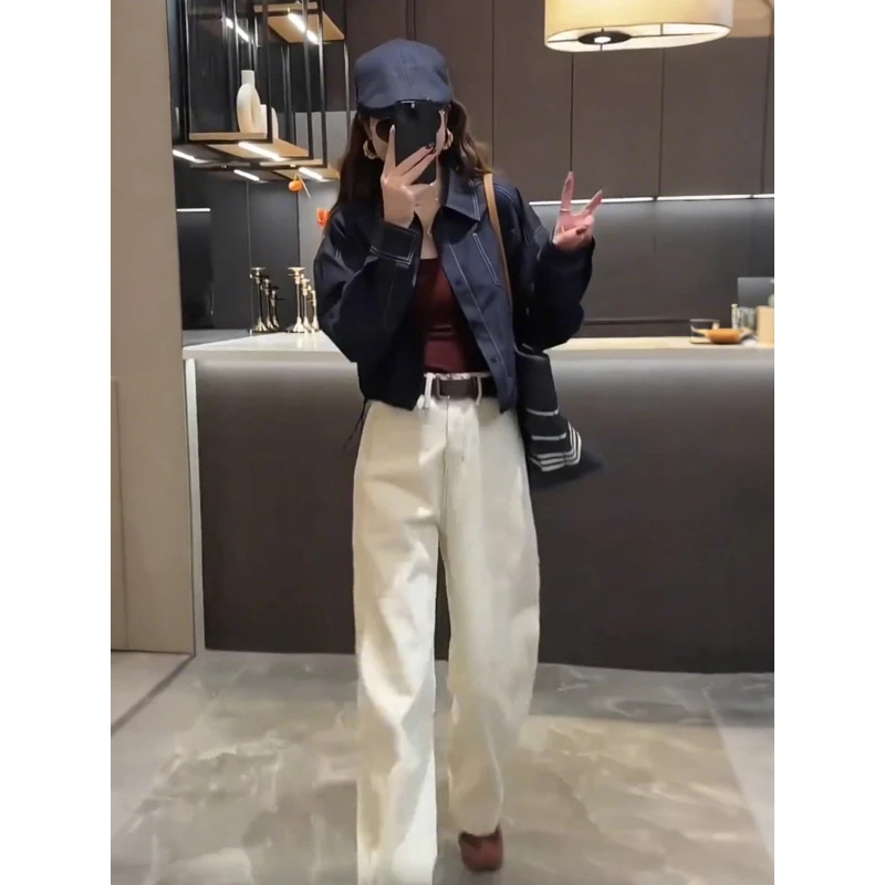 初秋款复古穿搭一整套女独特polo领衬衫高腰显瘦阔腿休闲裤两件套