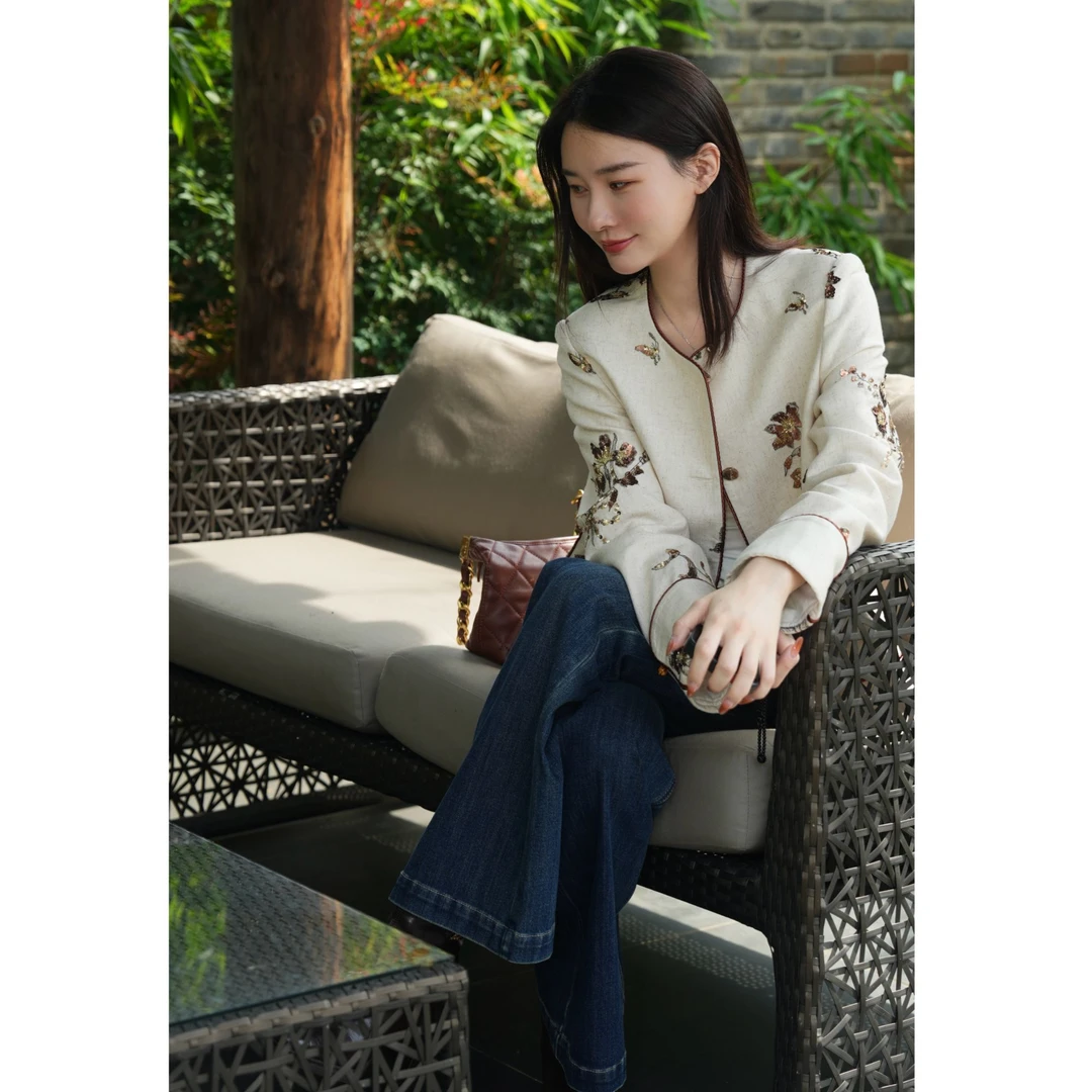 HELAAOMI “风谷幽兰”亚麻新中式国风花卉小个子短外套CY5CC00496