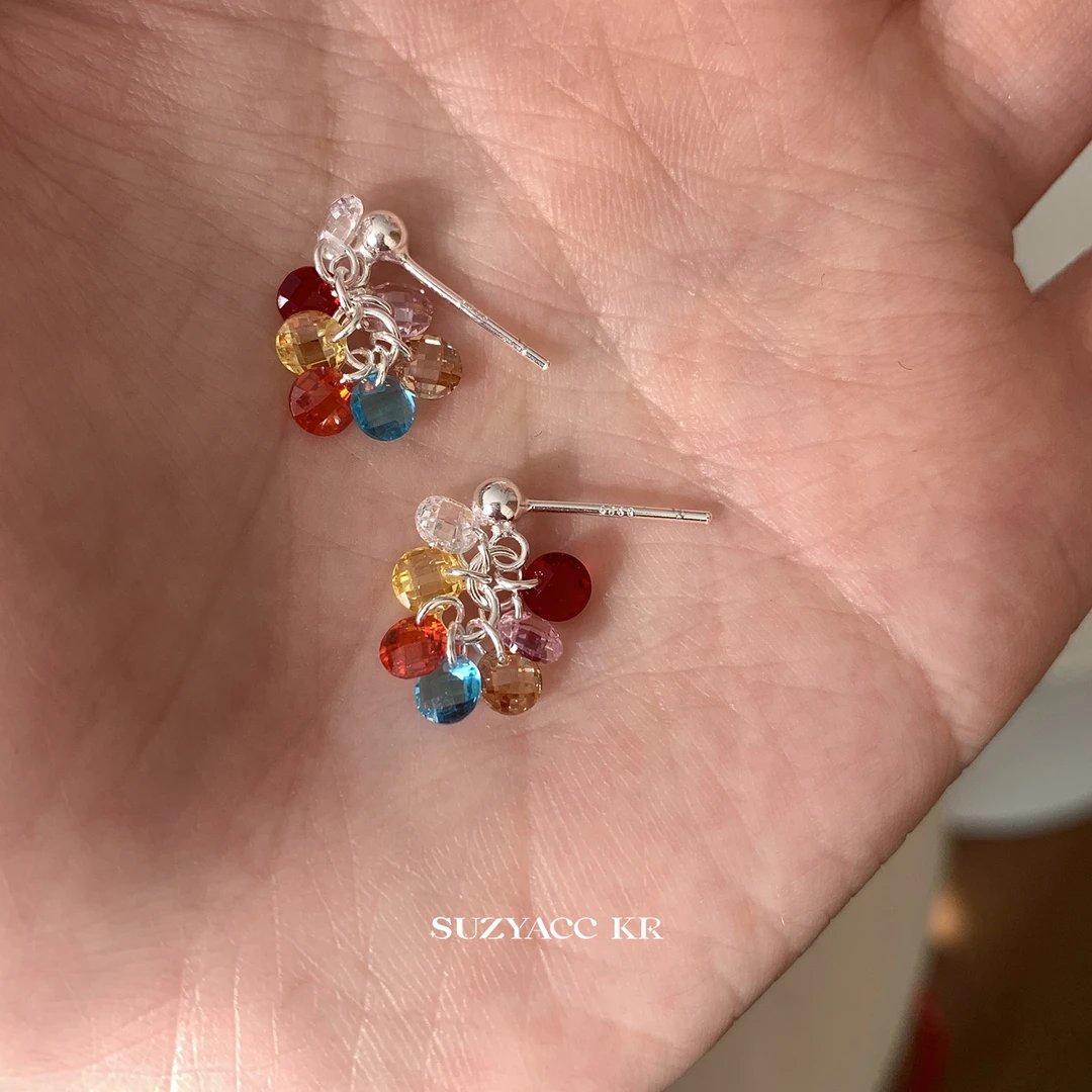 Suzyacc Kr 925银玻璃耳饰 小清彩色串珠耳环手工气质可爱E2654