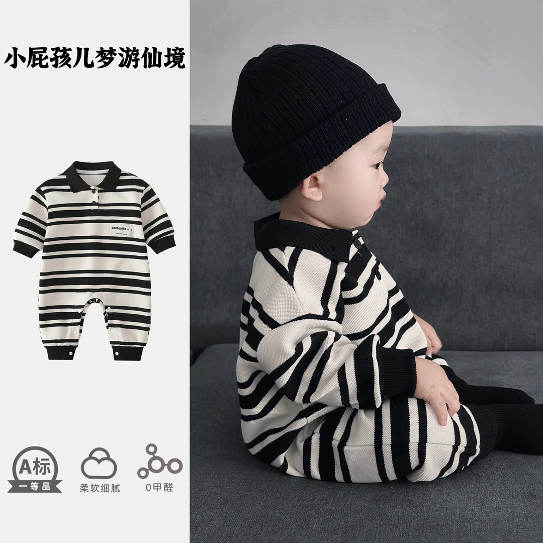 秋季宝宝衣服婴儿秋装连体衣超韩洋气婴幼儿Polo领长爬满月百天秋