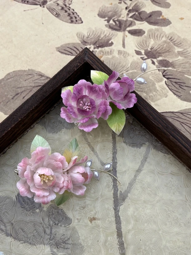 清旖 原创手作 非遗绒花 牡丹发夹 古风汉服旗袍发饰