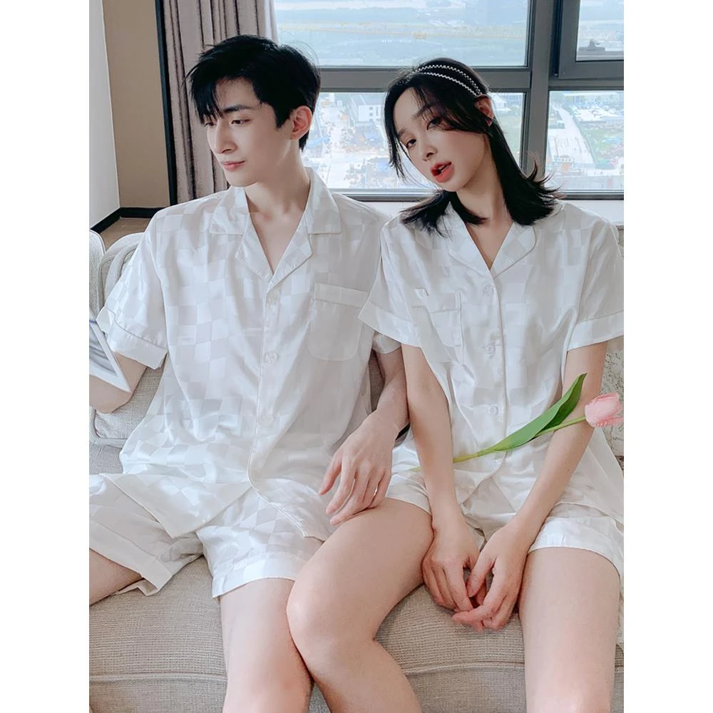 情侣睡衣女夏季薄款冰丝凉感长短袖网红爆款睡觉家居服白色套装男