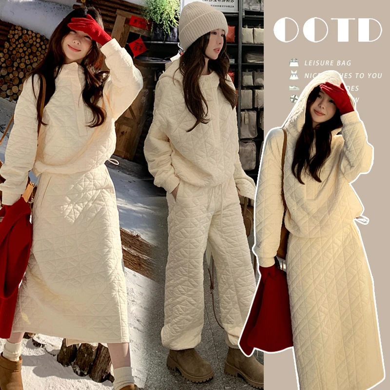 韩版时髦气质秋冬新款套装女格纹夹棉卫衣阔腿裤半身裙休闲两件套