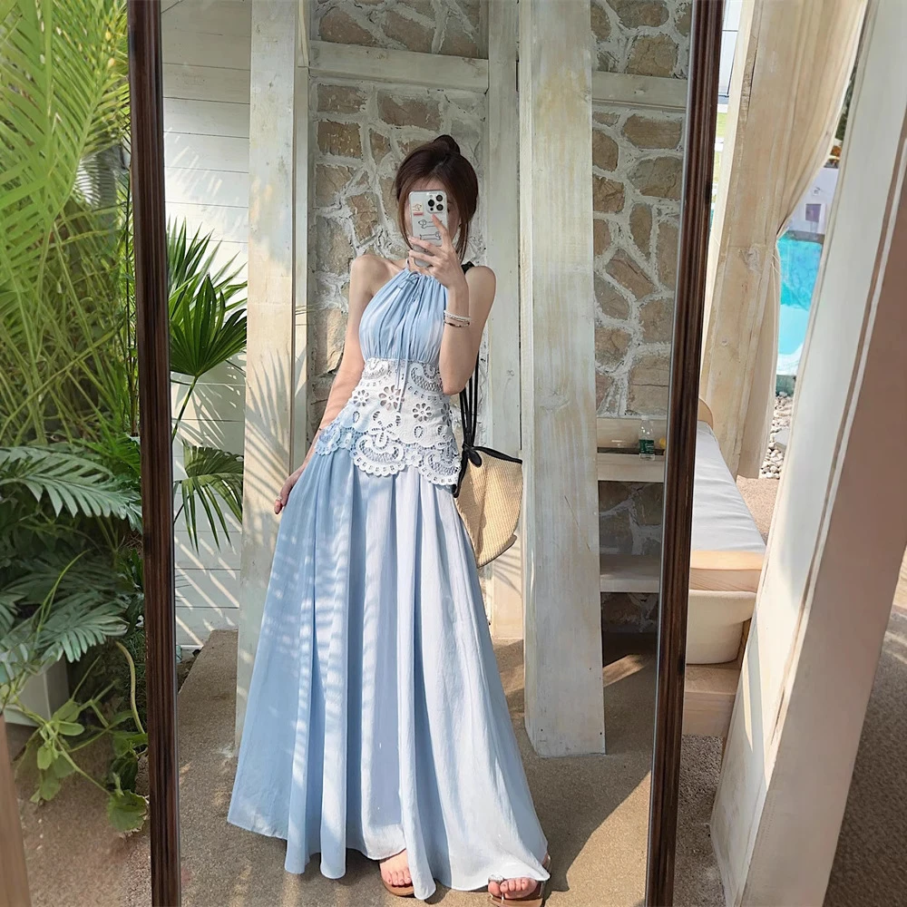 实拍~法式度假风挂脖镂空绣花系带连衣裙女减龄收腰显瘦长裙80915