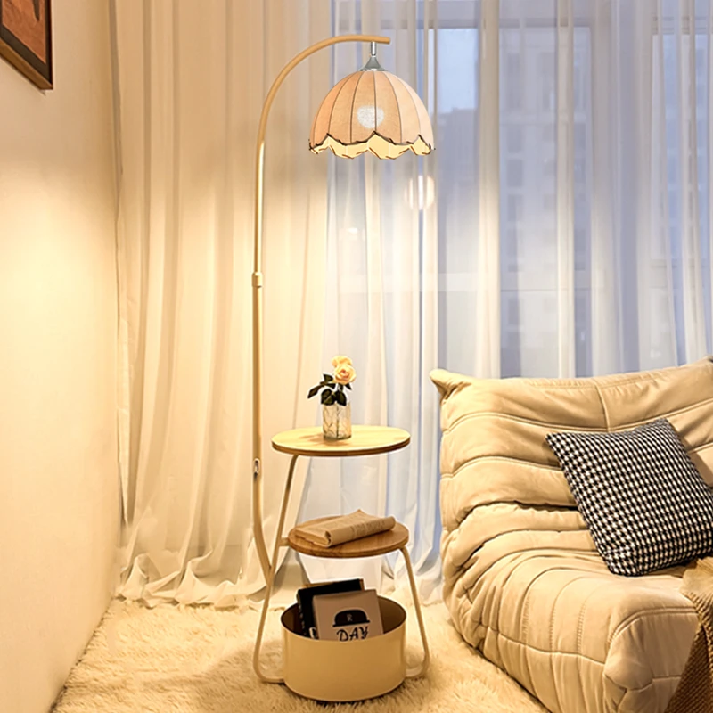 落地灯客厅沙发边置物茶几一体北欧书房奶油风卧室床头落地台灯