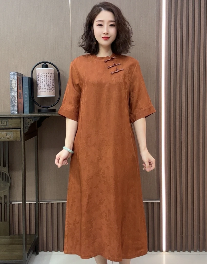 【春晚】中式国风立领盘扣纯色提花连衣裙