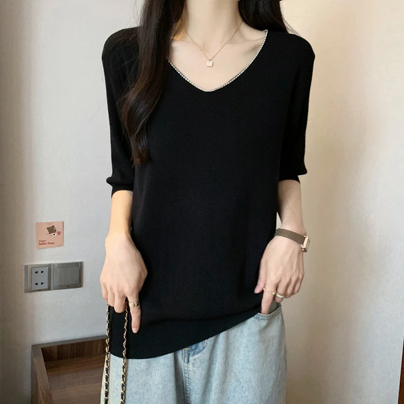 大码韩版遮肚子V领薄款冰丝短袖针织衫女夏季胖妹妹宽松显瘦上衣