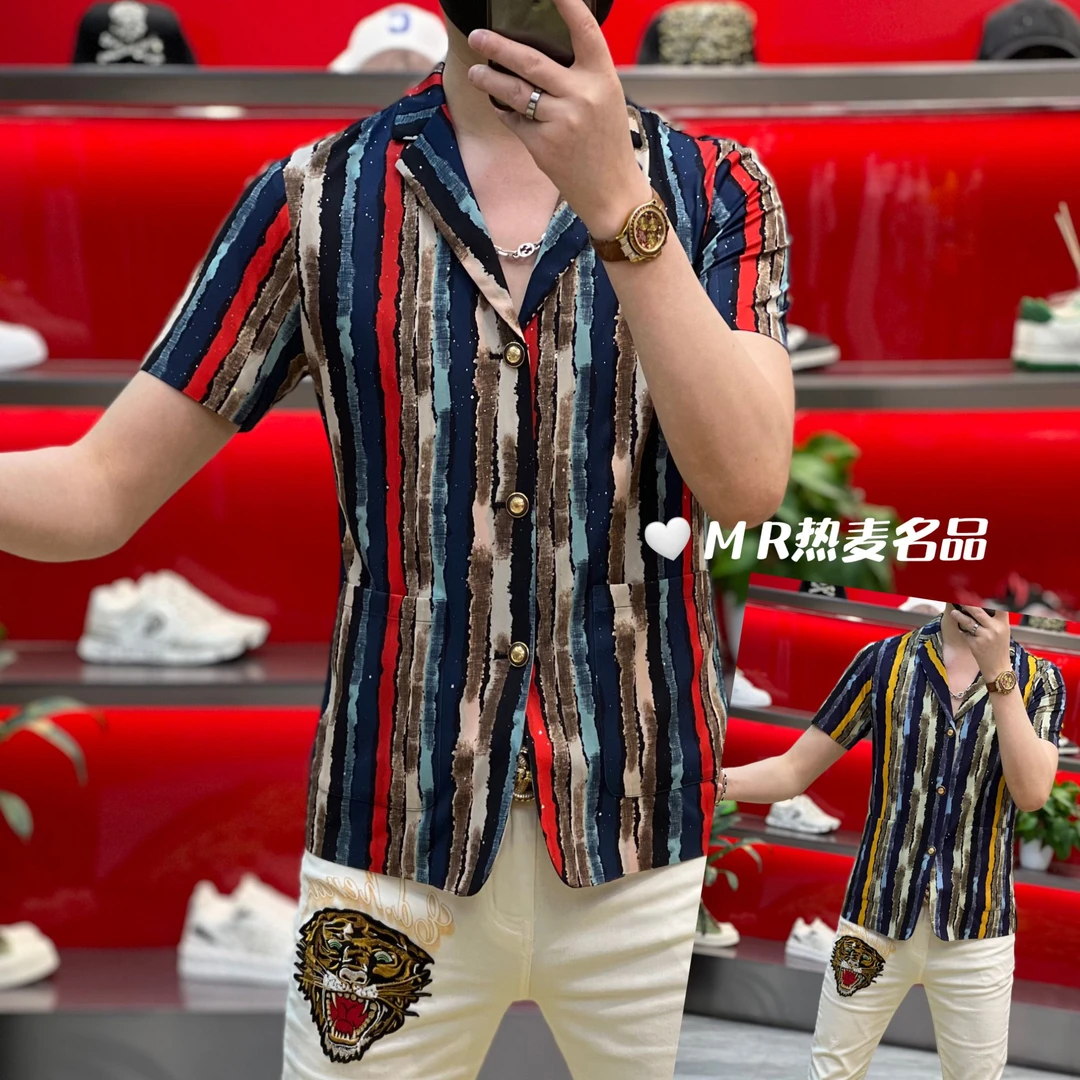 【熠星甄选】2025夏季短袖西装彩色条纹鎏金款 男士修身免熨烫弹力