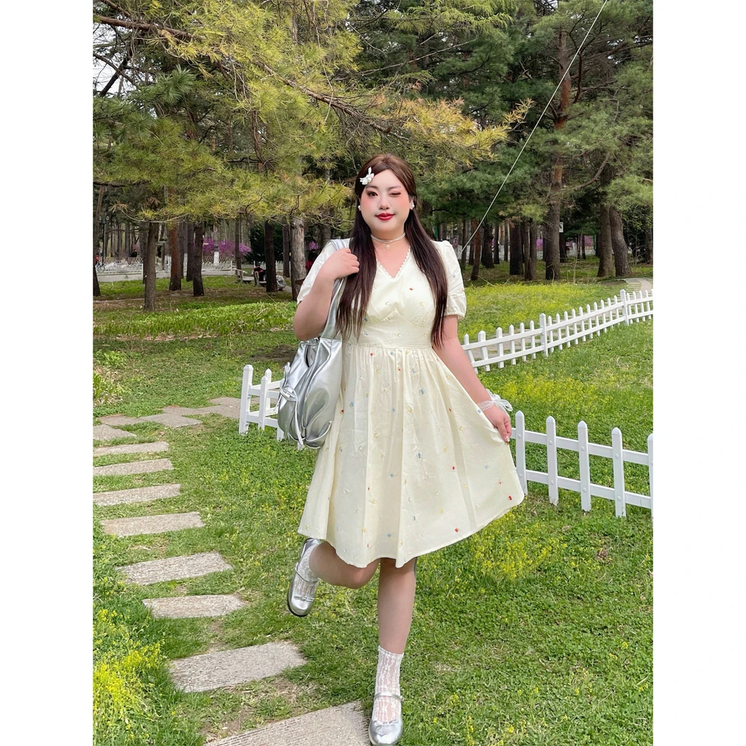 断码捡漏~小鹿斑比/法式V领显瘦泡泡袖碎花连衣裙14382花契大码