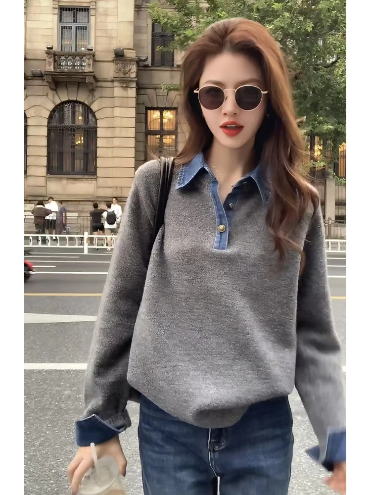 韩系chic冷淡系撞色牛仔拼接Polo领长袖毛衣女2025冬季新款上衣女