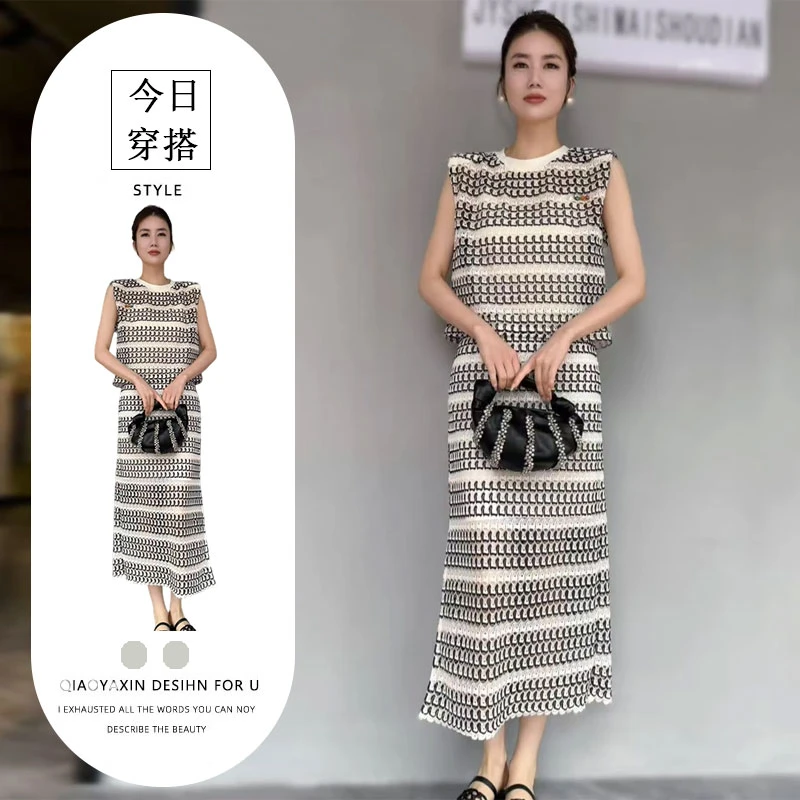 欧洲站时尚减龄套装女夏季镂空蕾丝刺绣圆领无袖背心半身裙两件套