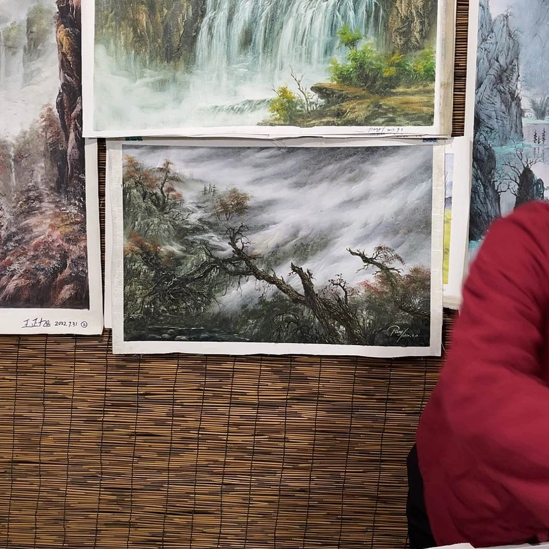 油画小*行路人小院绘画作品