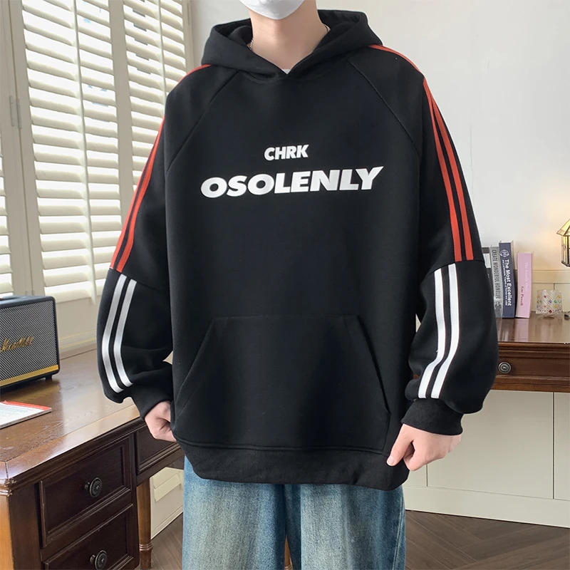 秋季新款美式重磅连帽卫衣青少年潮流条纹拼接宽松百搭长袖外套