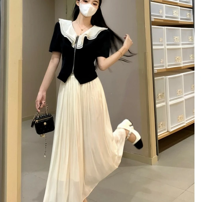 2025大码女装夏季新款法式温柔风荷叶边上衣+半身裙大码套装
