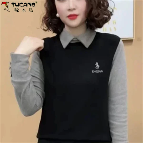 【啄木鳥】妈妈冬季打底衫女春秋修身百搭韩版长袖T恤德绒内搭上衣