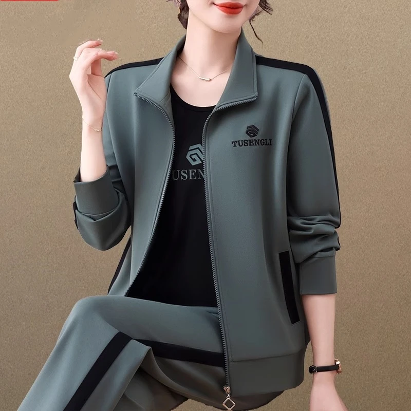 纯色宽松运动套装女2025秋季新款休闲长袖立领开衫卫衣百搭两件套