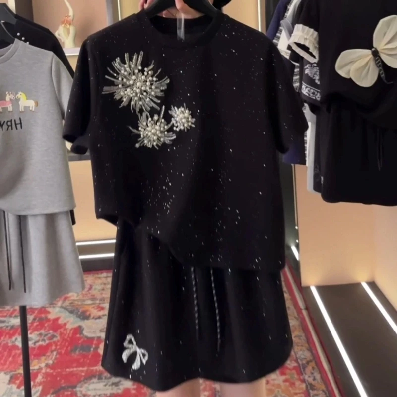 设计师款丨绽放烟花重工宽松版夏季短袖T恤短裤时尚套装