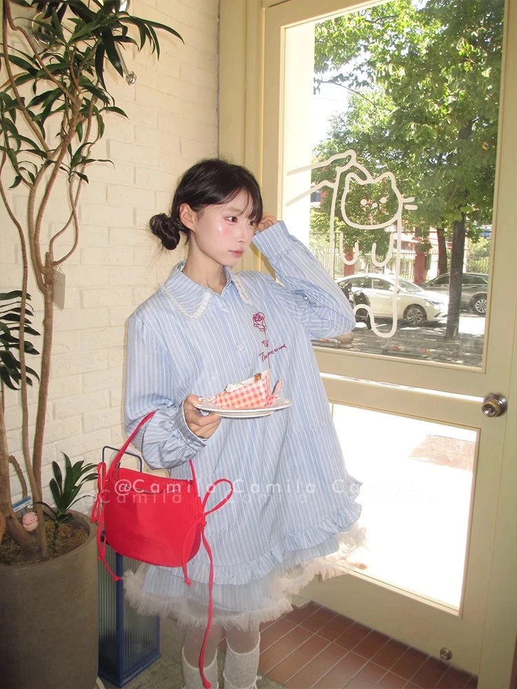 蓝色条纹衬衫裙蕾丝花边娃娃裙早春新款长袖连衣裙蓬蓬纱裙短裙子