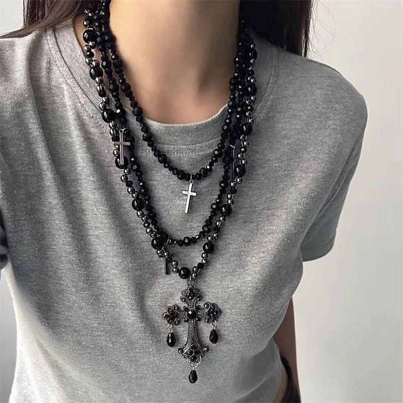 合金橄榄核项链 【灵魂对撞】甜酷黑色十字架项链重工哥特朋克多层c