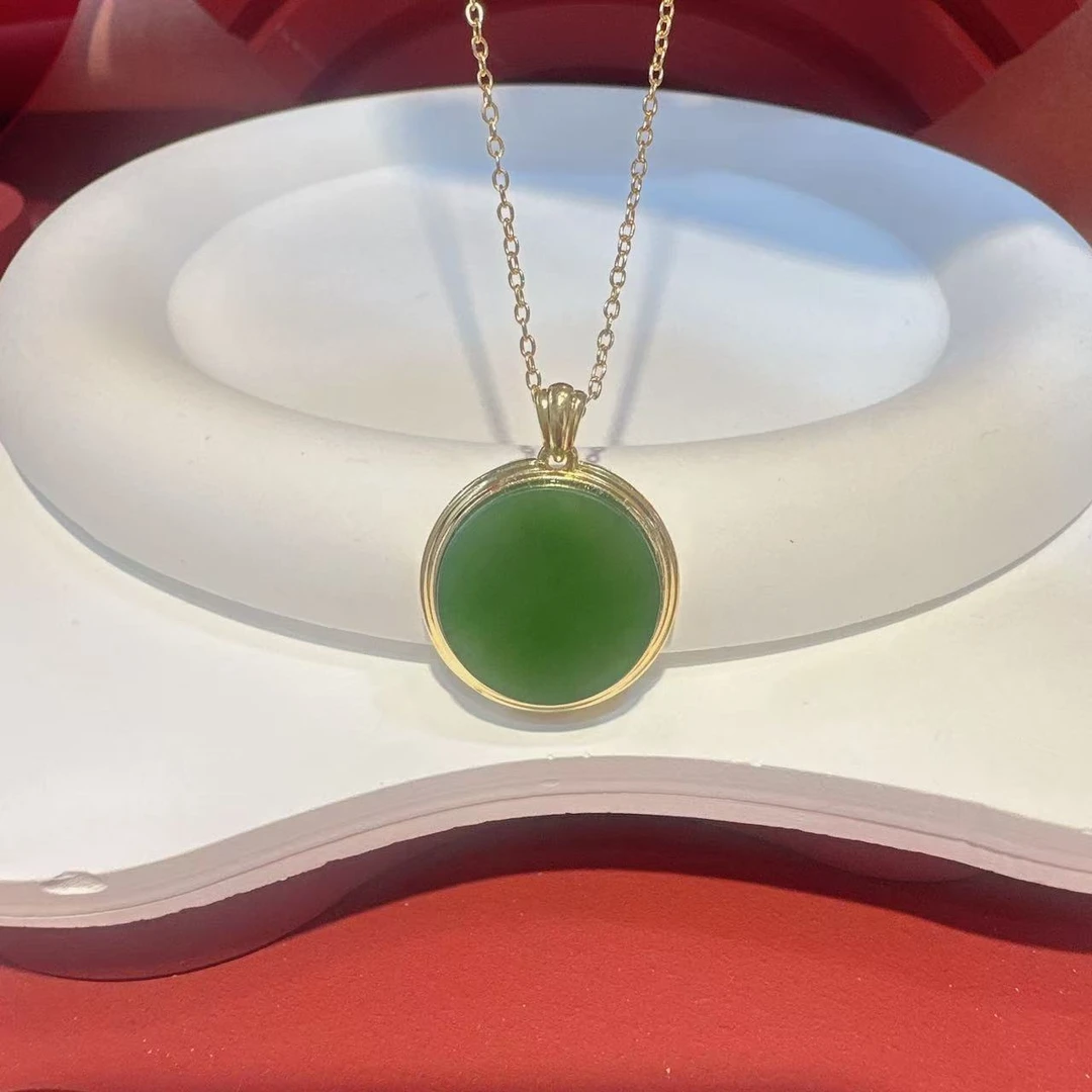 18K金全包镶18*6mm和田碧玉老料圆镜吊坠HNZ8890