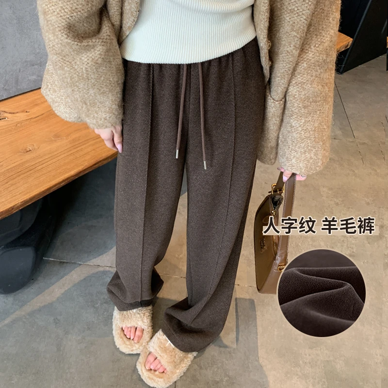 窄版羊毛阔腿裤女秋冬季加绒垂感新款直筒休闲加厚人字纹毛呢裤子