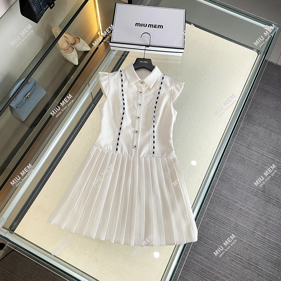 法式衬衫领小飞袖连衣裙2025夏季减龄修身百褶裙DY6586