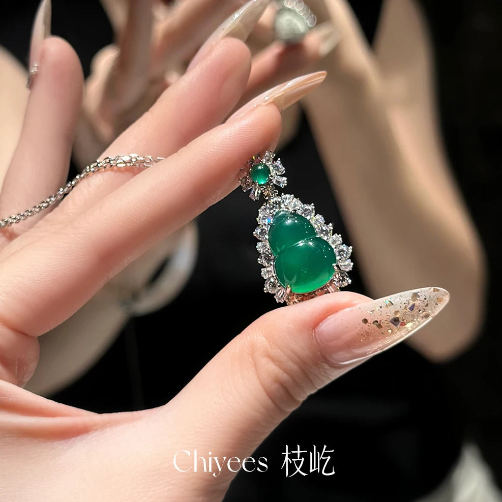 坠链均925银合成锆石 新中式碧绿围镶葫芦吊坠项链生日礼物送女友