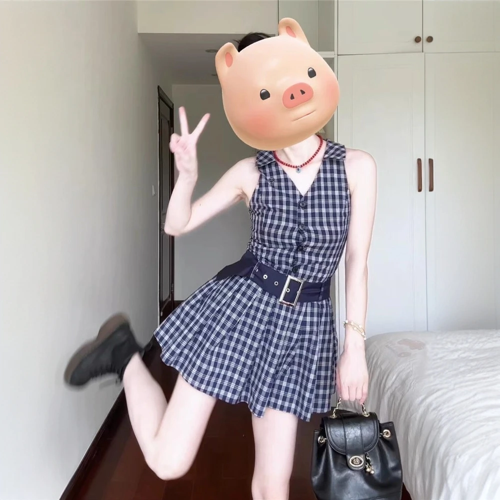 学院风polo领挂脖蓝色格子连衣裙女夏季高级感收腰小个子a字短裙