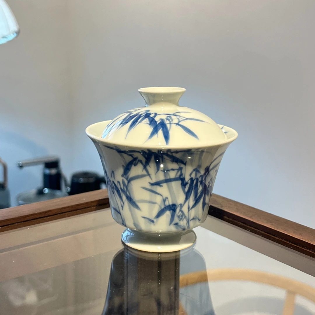 景德镇窑1728 纯手绘 釉下青花 竹子 盖碗 纯手工