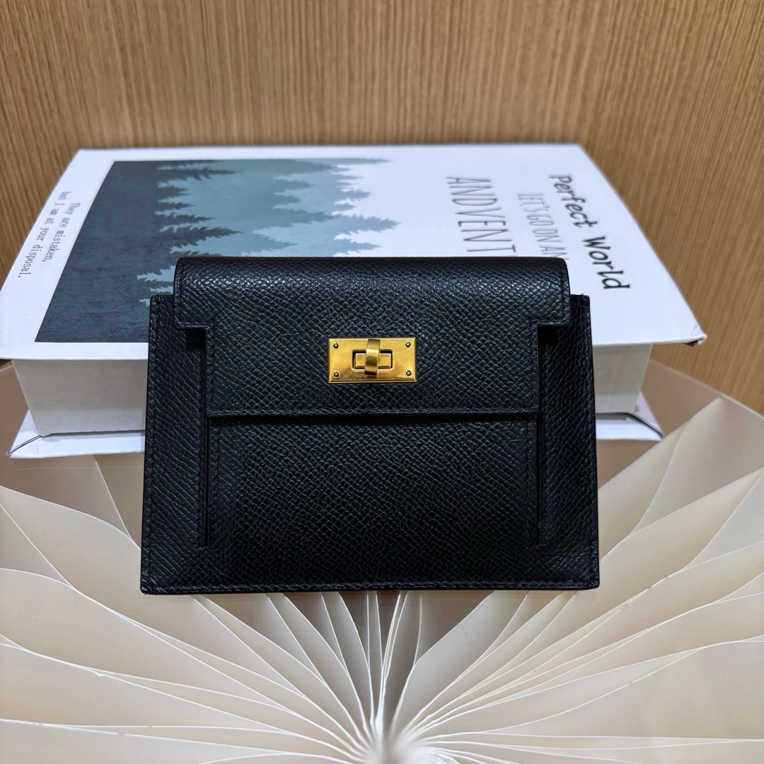 95新 Hermes/爱马仕 m爱马仕Kelly pocket 黑金 y刻零钱包卡包