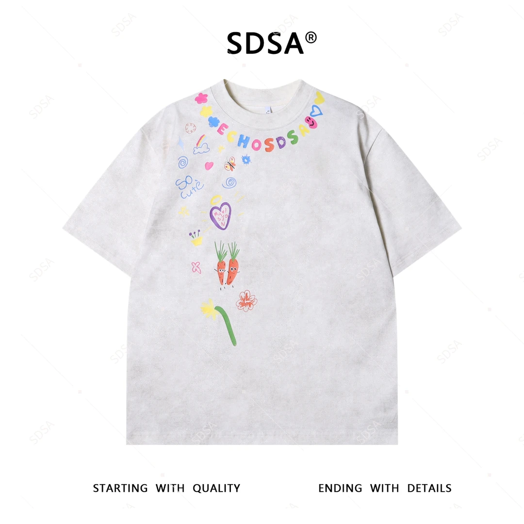 夏季高级感新款男士满天星趣花丛卡通字母印花短袖T恤百搭上衣