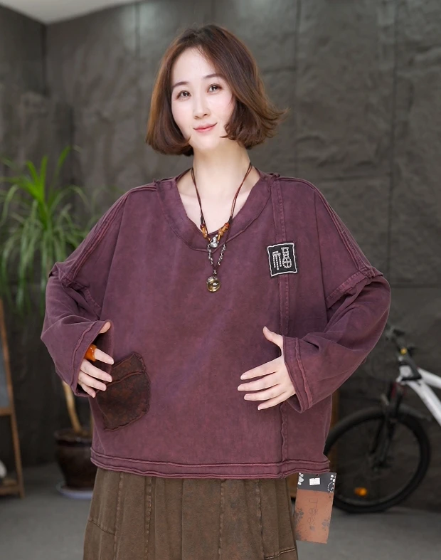 【福字贴布绣卫衣】秋款女装长袖百搭卫衣显瘦大码宽松复古上衣女