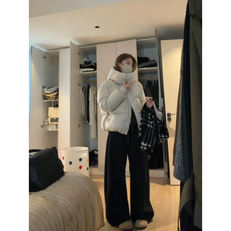 parkyeon冬季新款法式极简风杏色连帽棉服外套系带阔腿休闲裤套装